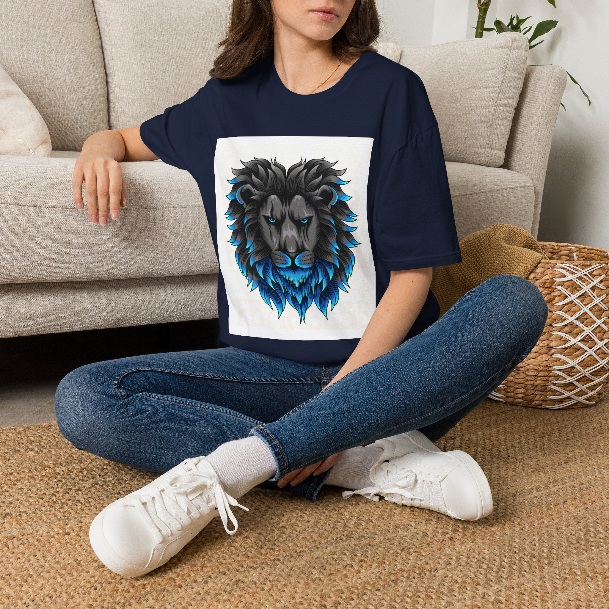 Lion Head T-Shirt — Bold Black & Blue Graphic Tee