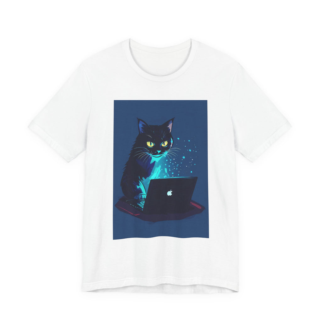 Cat Hacker T‑Shirt — Glowing Laptop Black Cat Graphic Tee