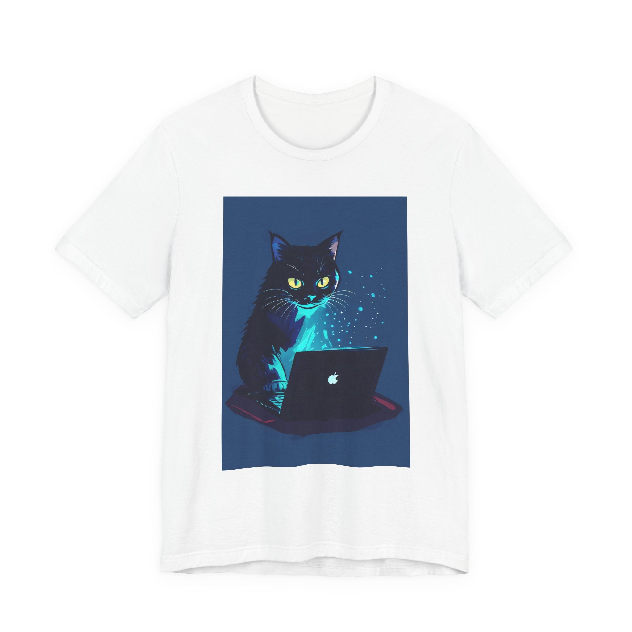 Cat Hacker T‑Shirt — Glowing Laptop Black Cat Graphic Tee