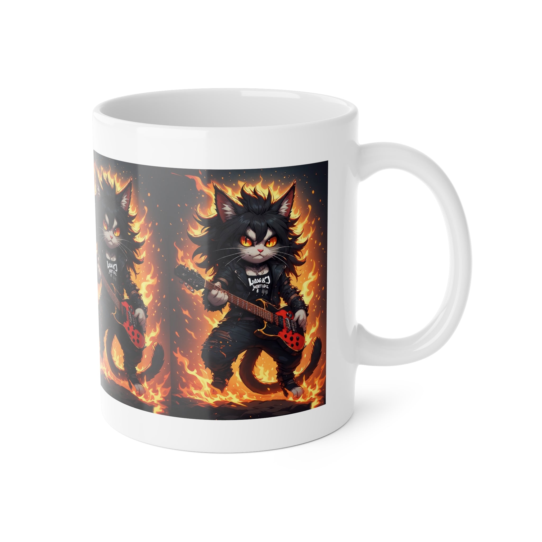 Rock Cat Flame Guitar Mug — Heavy Metal Black Kitty Coffee Cup