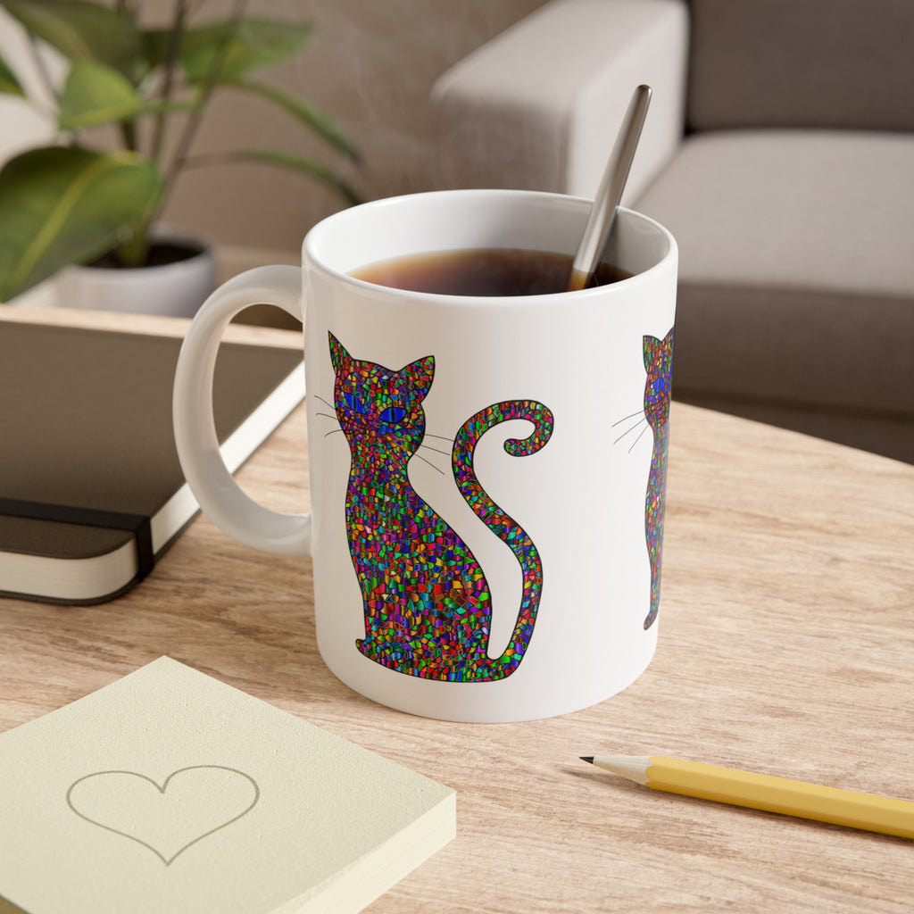 Colorful Mosaic Cat Mug — 11oz Ceramic Coffee Cup