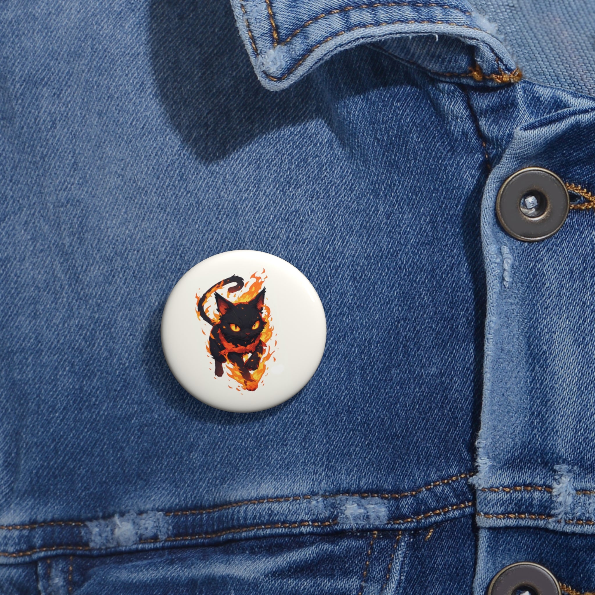 Flaming Black Cat Pin Button — Cute Spooky Enamel-Style Badge
