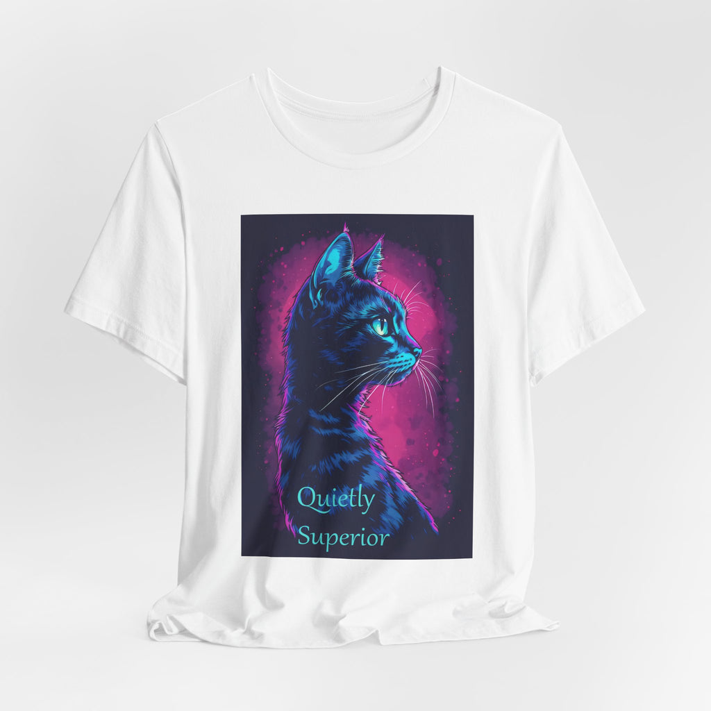 Quietly Superior Cat T-Shirt — Neon Portrait Graphic Tee for Cat Lovers