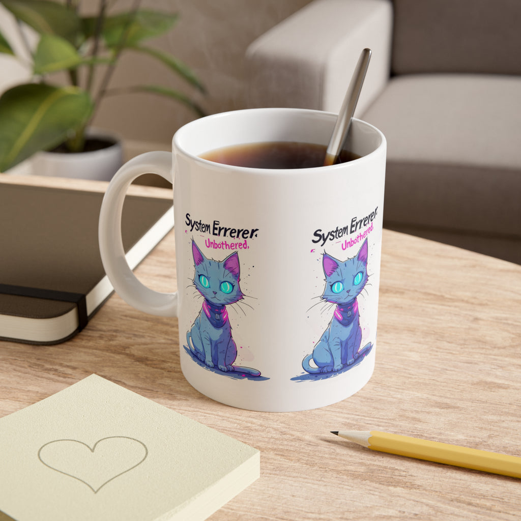 Ceramic Mug — "System Errerer: Unbothered" Blue Galaxy Cat Coffee Cup