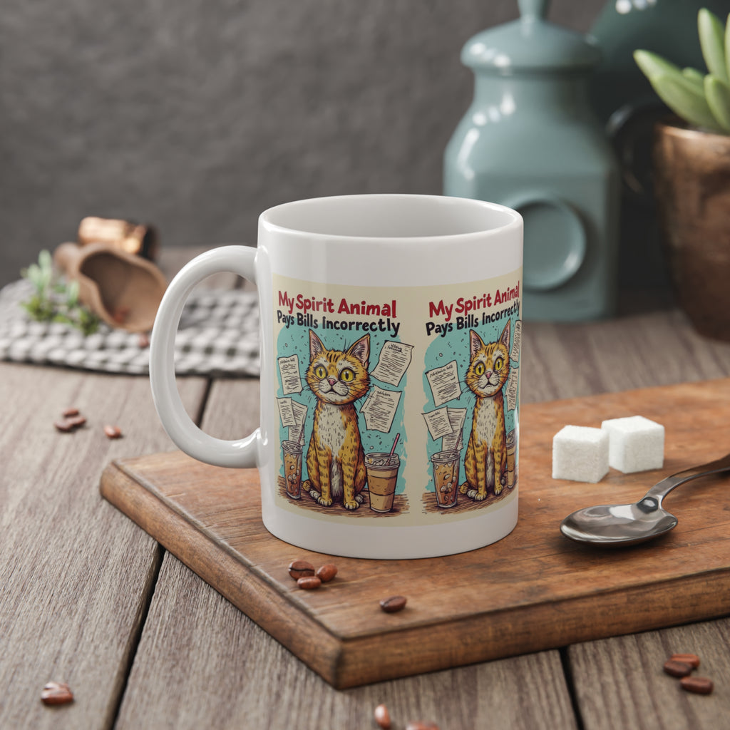 Cat Mug — “My Spirit Animal Pays Bills Incorrectly” Funny Ceramic Coffee Cup