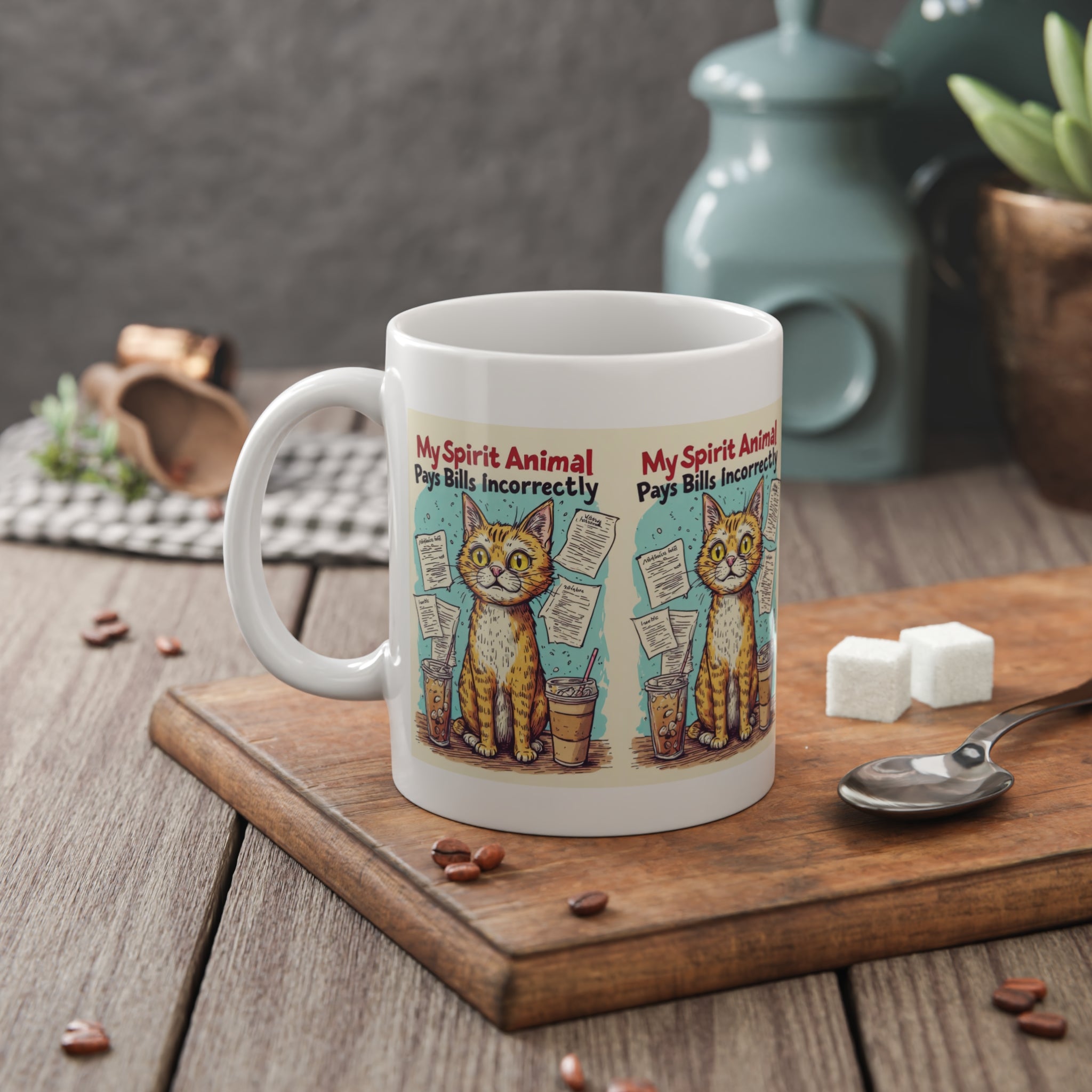 Cat Mug — “My Spirit Animal Pays Bills Incorrectly” Funny Ceramic Coffee Cup