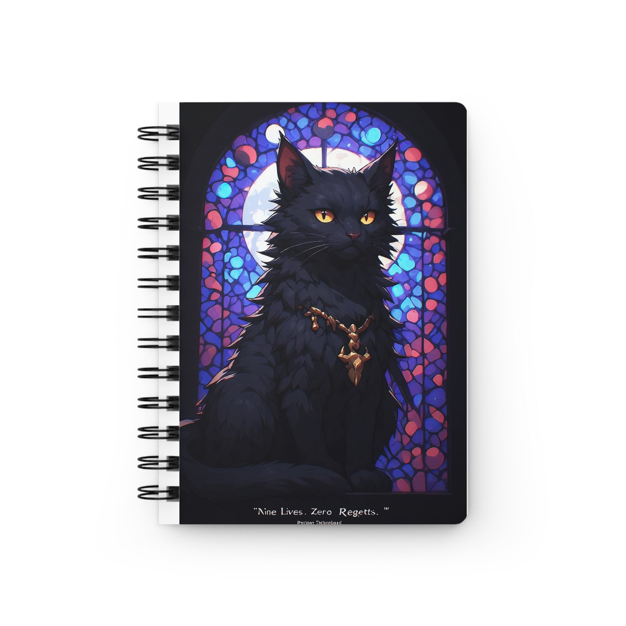 Black Cat Journal — Gothic Stained Glass Spiral Notebook ("Nine Lives, Zero Regrets")