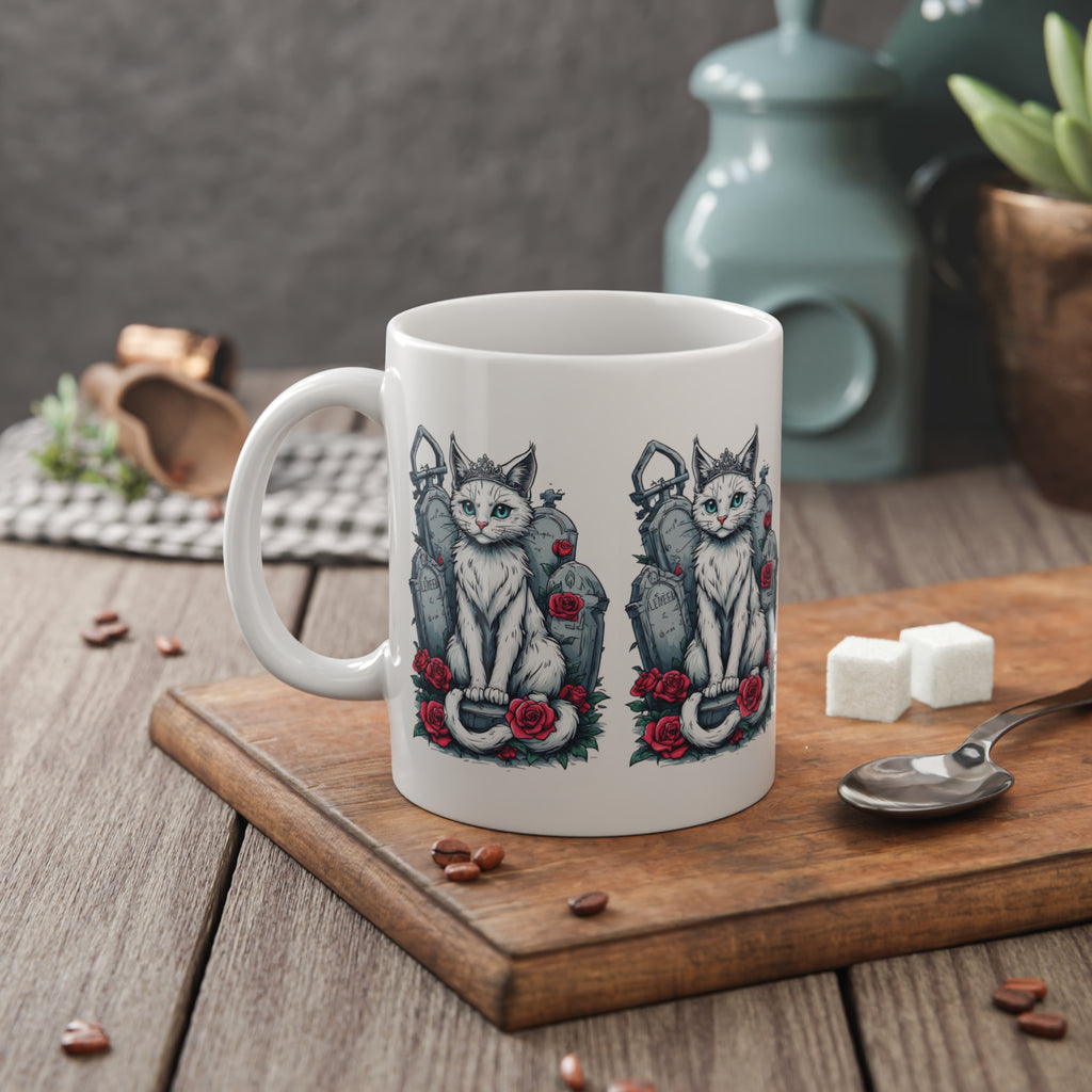 Gothic Cat & Graveyard Ceramic Mug — White Cat with Tombstones & Red Roses, 11oz