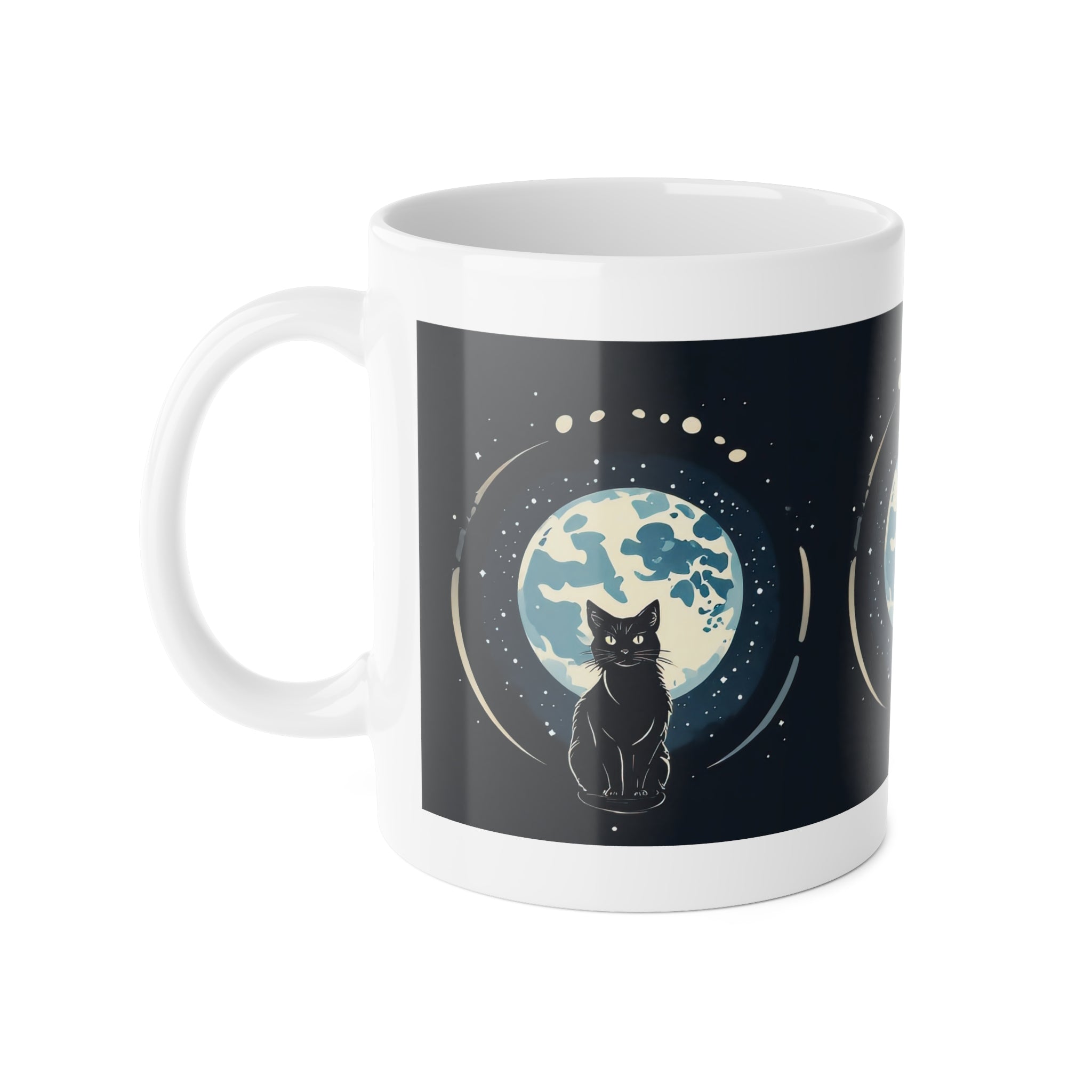 Cat Moon Mug — Black Cat Sitting in Front of Full Moon Ceramic Coffee Cup