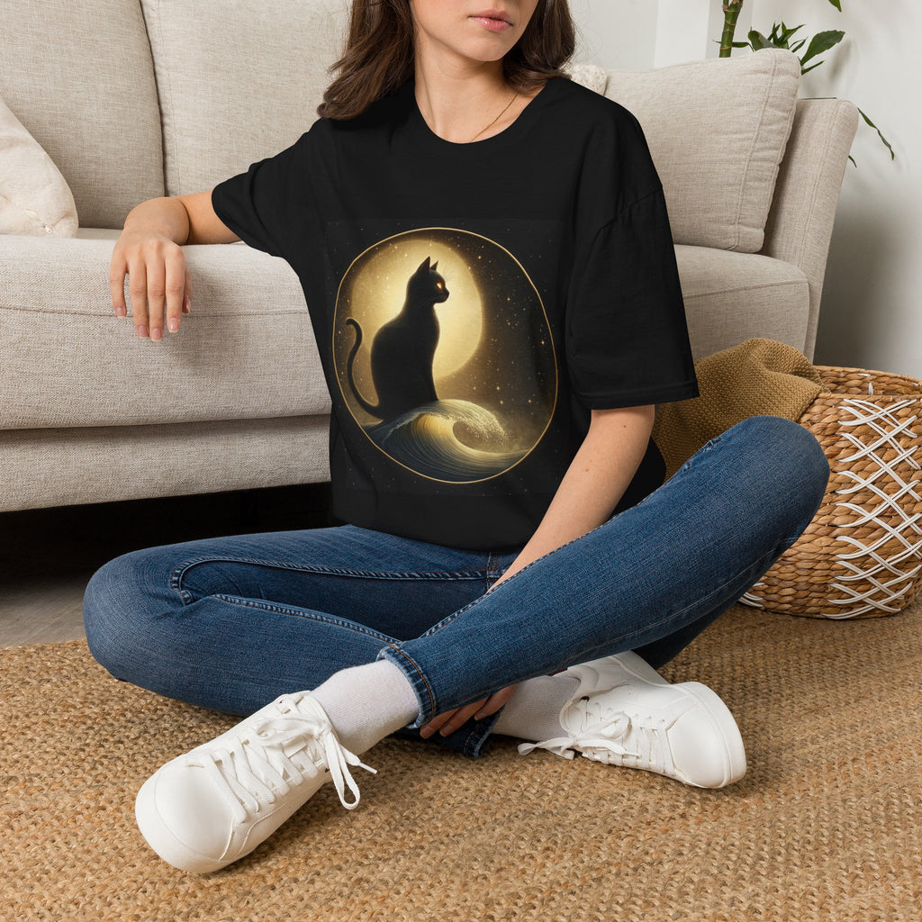 Moonlit Cat T-Shirt — Silhouette Cat on Crescent Moon Graphic