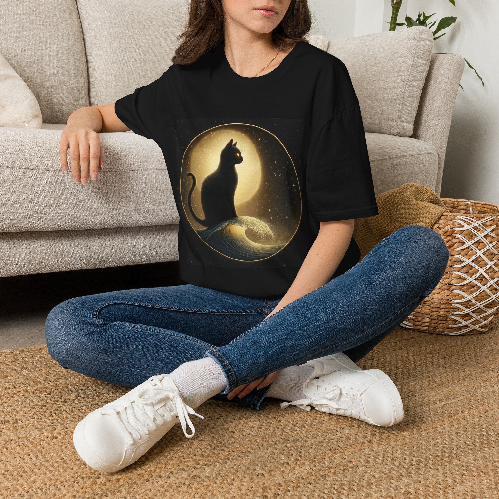 Moonlit Cat T-Shirt — Silhouette Cat on Crescent Moon Graphic