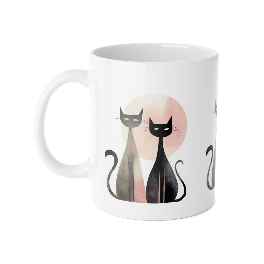 Cat Couple Ceramic Mug — Cute Black Cats with Sun Silhouette, 11oz