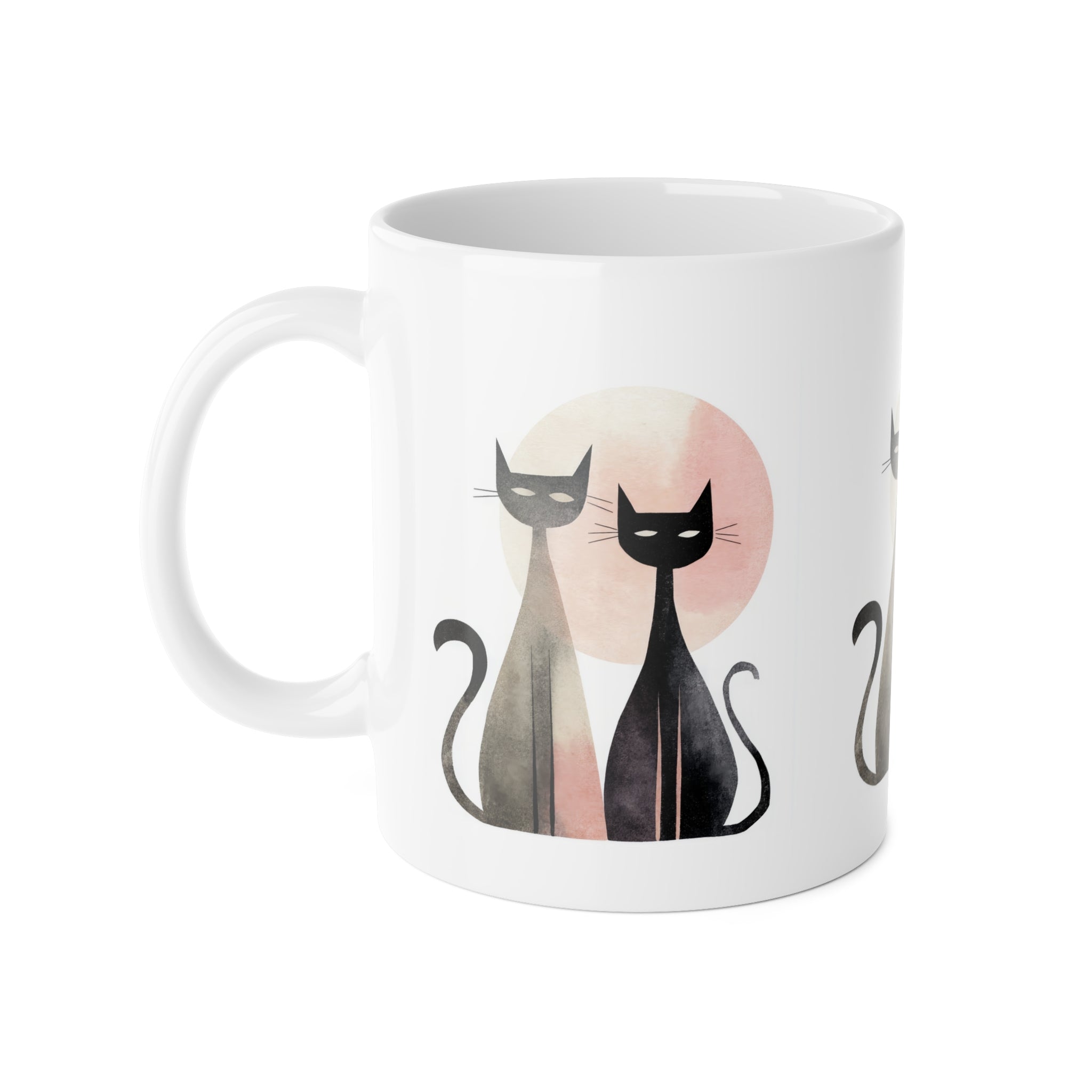 Cat Couple Ceramic Mug — Cute Black Cats with Sun Silhouette, 11oz