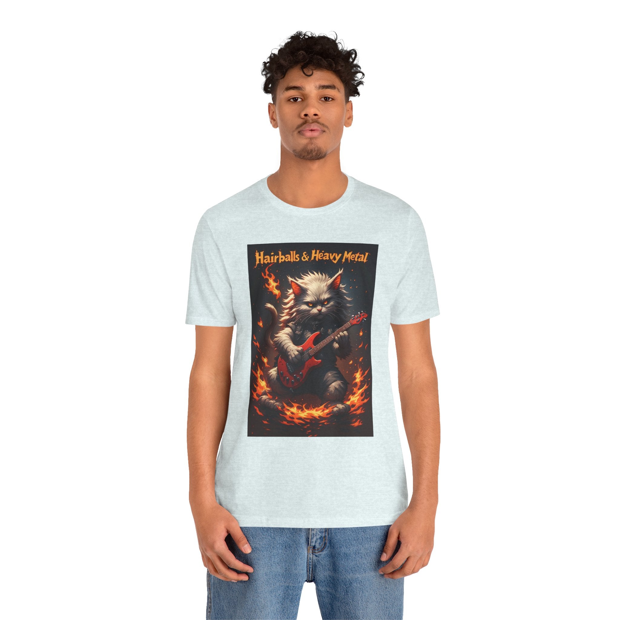 Hairballs & Heavy Metal T‑Shirt — Cat Guitarist Rock Tee