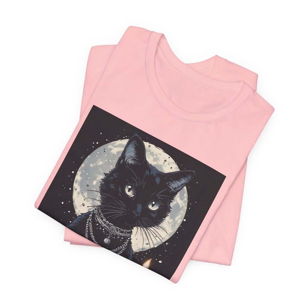 Mystic Moon Black Cat Tee — Gothic Cat T-Shirt with Candles & Crescent Moon