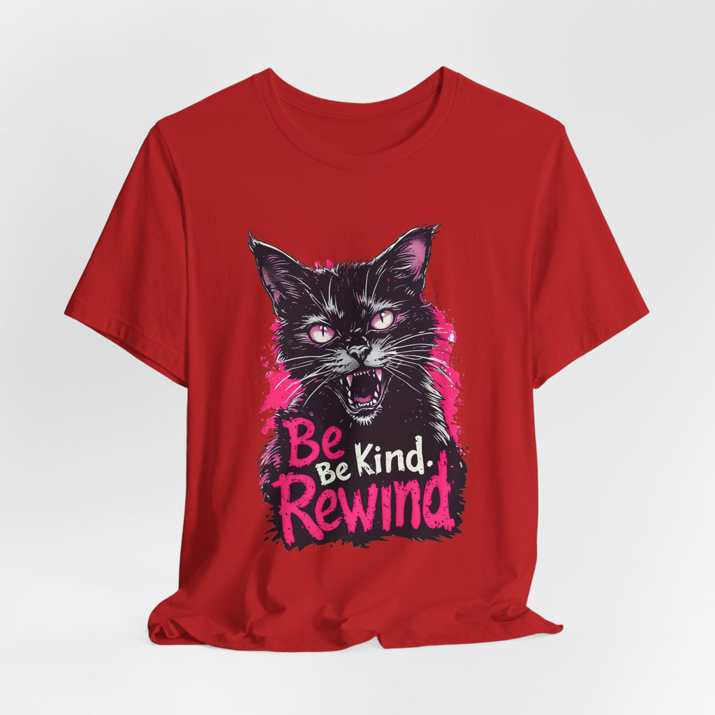 Be Kind Rewind Cat T-Shirt — Retro Neon Graphic Tee