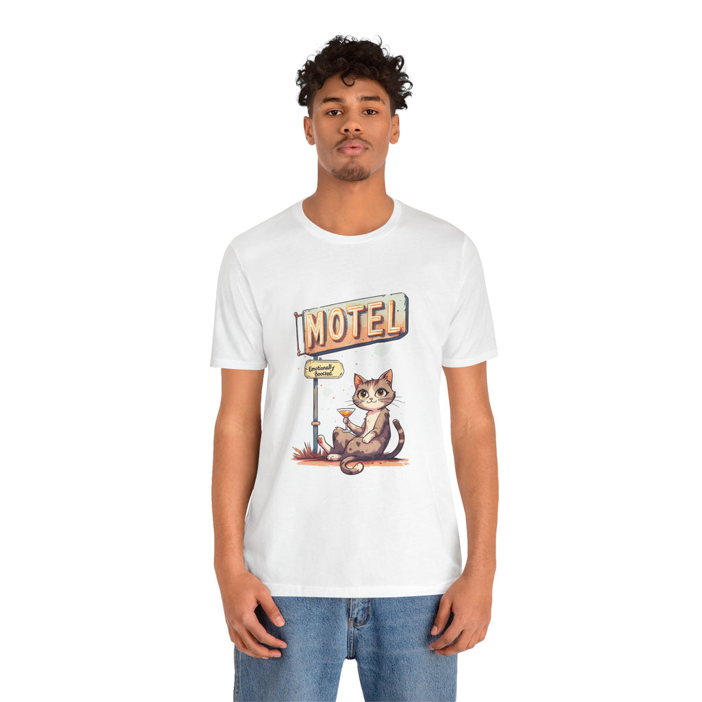 Motel Cat Tee — Vintage Roadside Cat Drinking Cocktail Graphic T-Shirt
