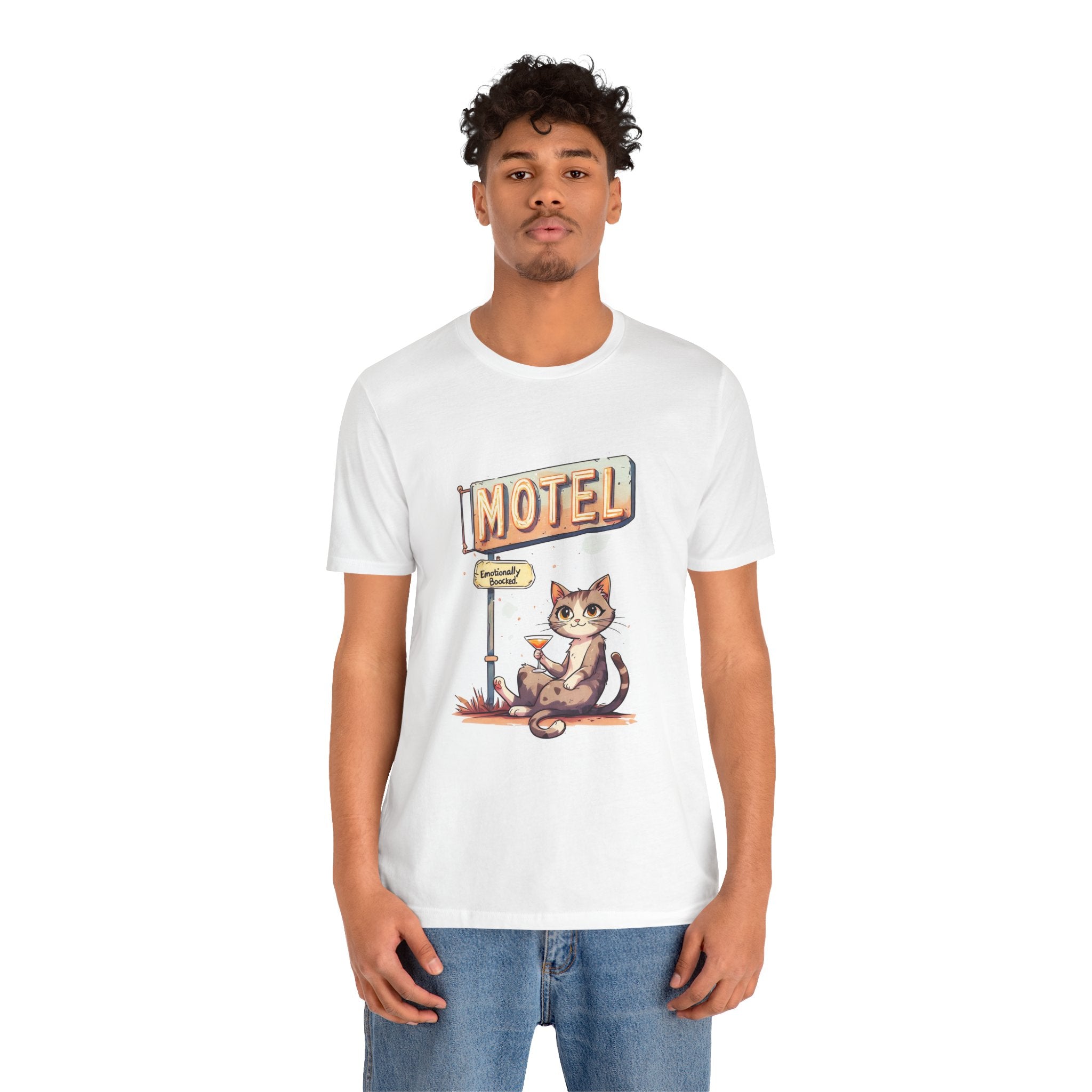 Motel Cat Tee — Vintage Roadside Cat Drinking Cocktail Graphic T-Shirt