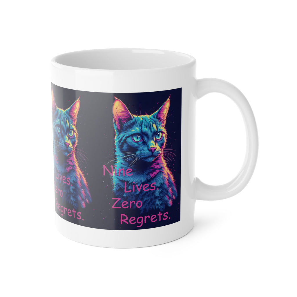 Cat Mug — Neon Tabby "Nine Lives, Zero Regrets" Ceramic Coffee Cup
