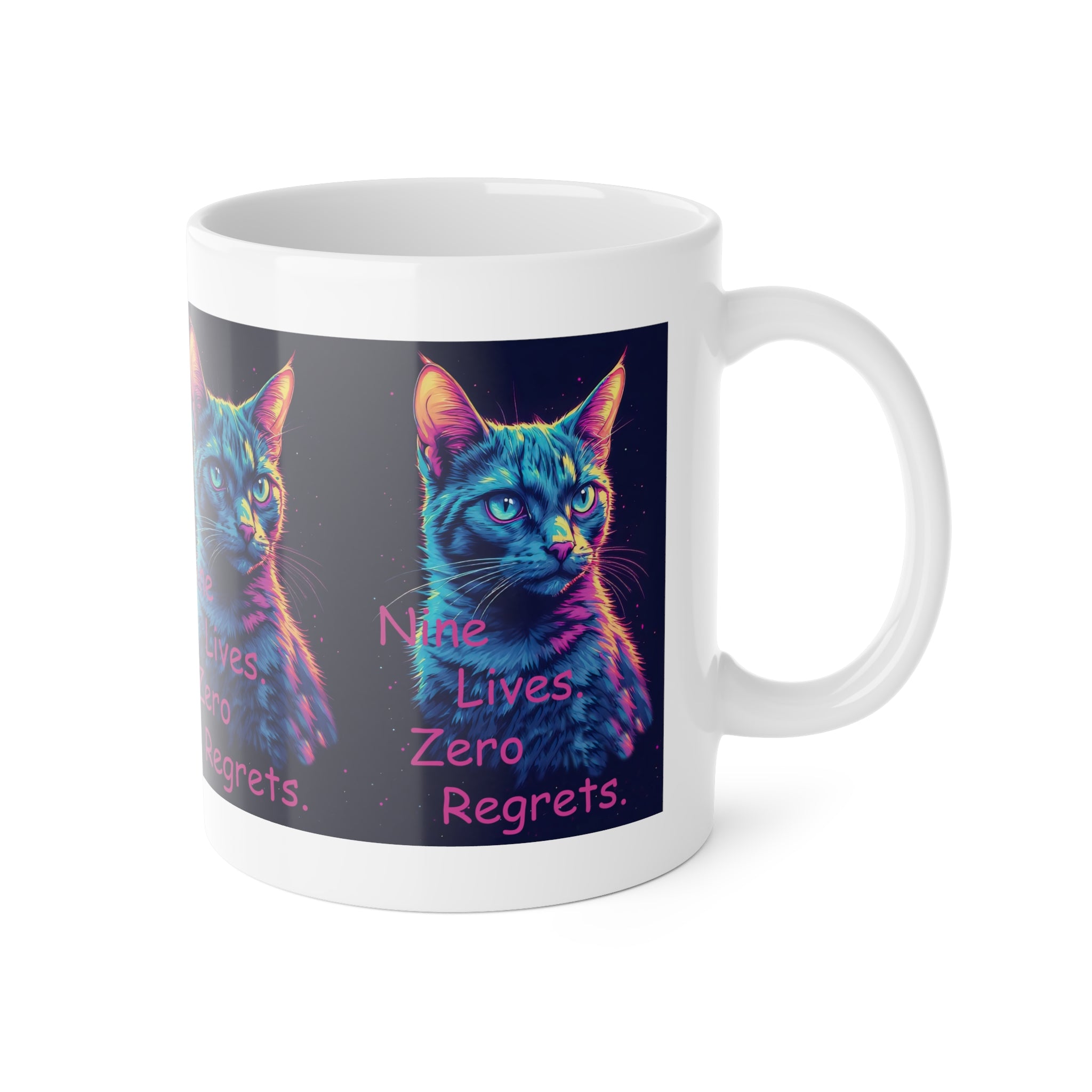 Cat Mug — Neon Tabby "Nine Lives, Zero Regrets" Ceramic Coffee Cup