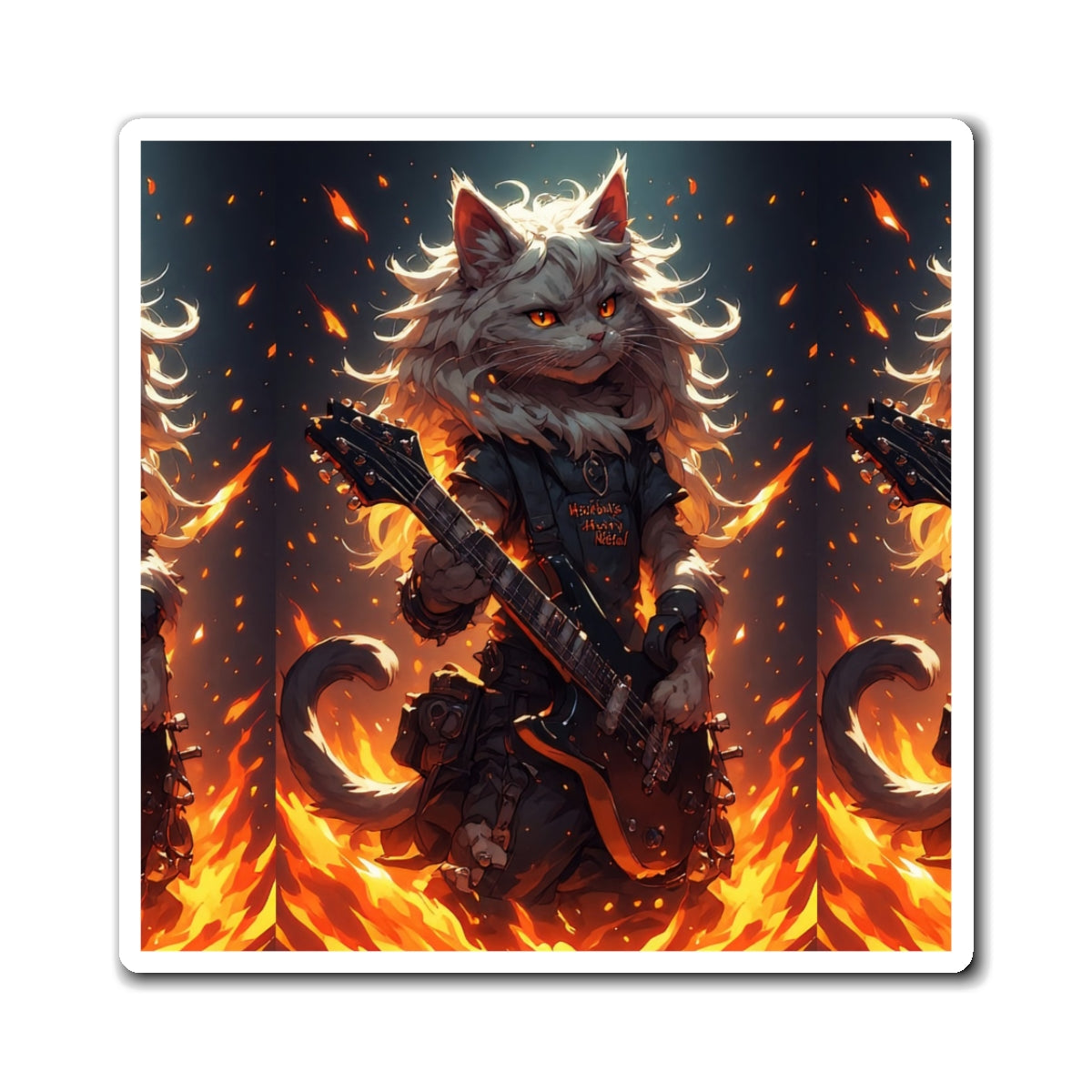 Rock Cat Magnet — Flaming Guitar Feline Refrigerator Sticker