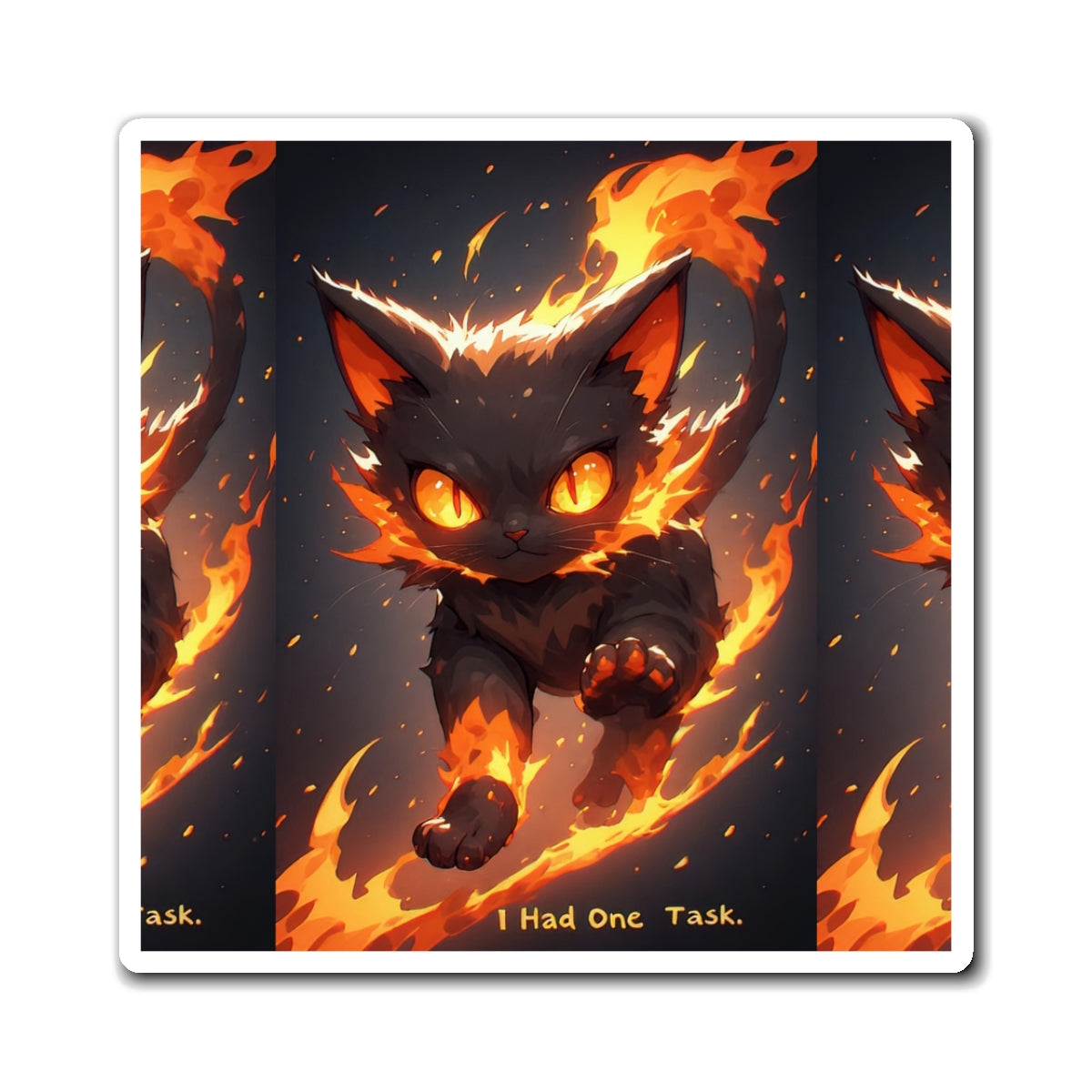 Flaming Black Cat Magnet — "I Had One Task" Cute Fiery Refrigerator Sticker