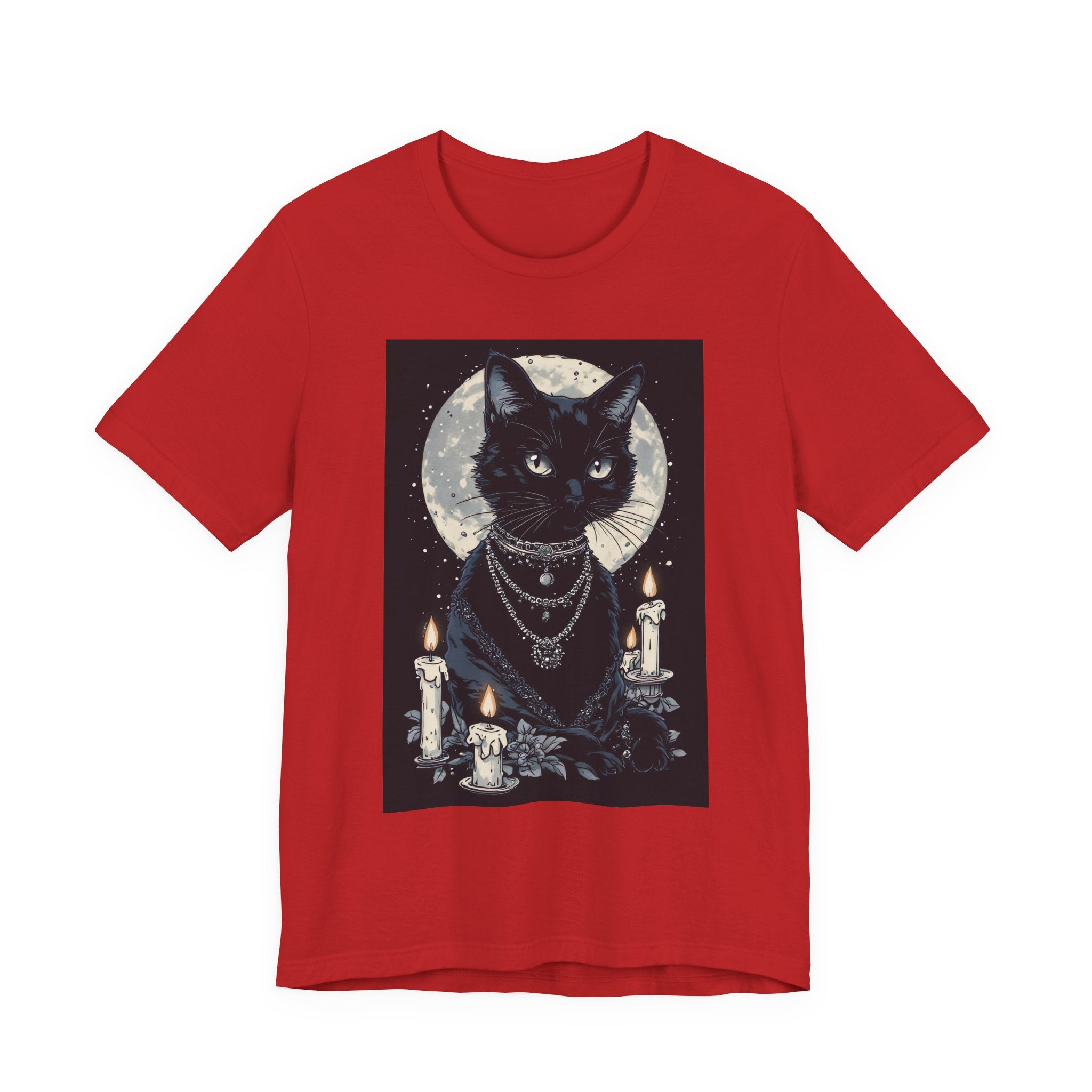 Mystic Moon Black Cat Tee — Gothic Cat T-Shirt with Candles & Crescent Moon
