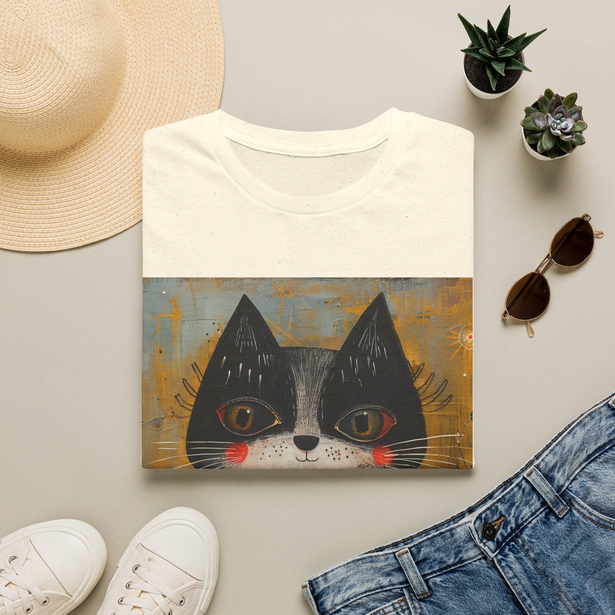 Whimsical Black & White Cat Tee — Cute Floral Portrait T-Shirt