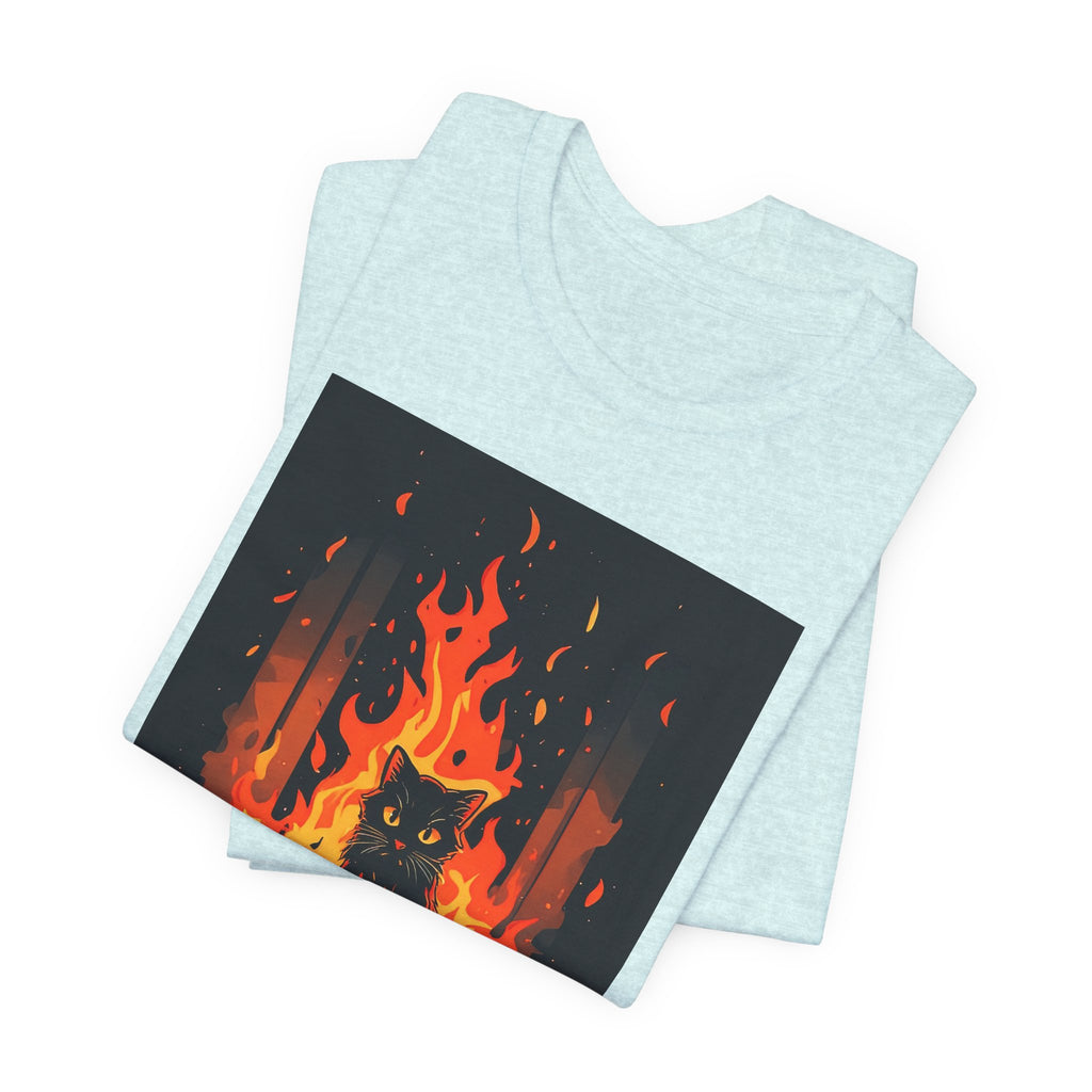 Everything Is Fine Cat Tee — Funny Cat Shirt with Burning Flames Graphic