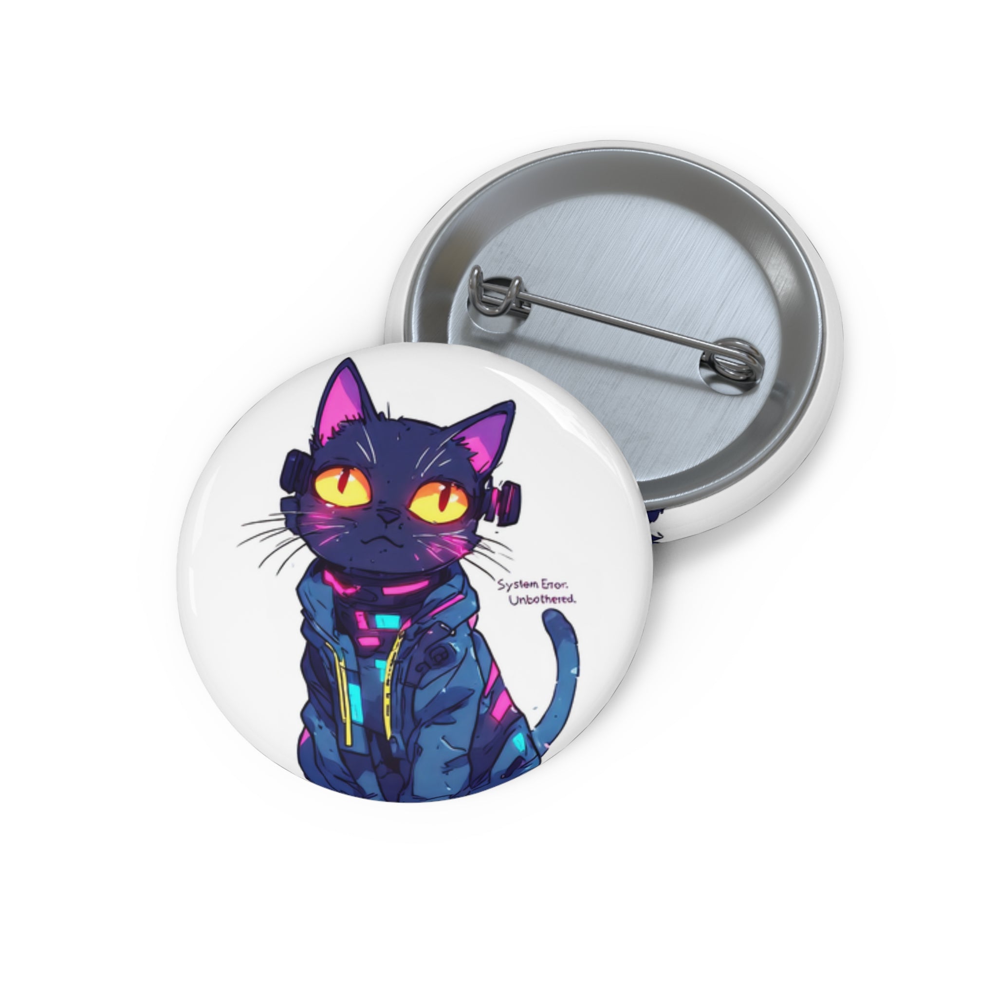 Cat Cyberpunk Pin Button — Neon Futuristic Black Cat Badge