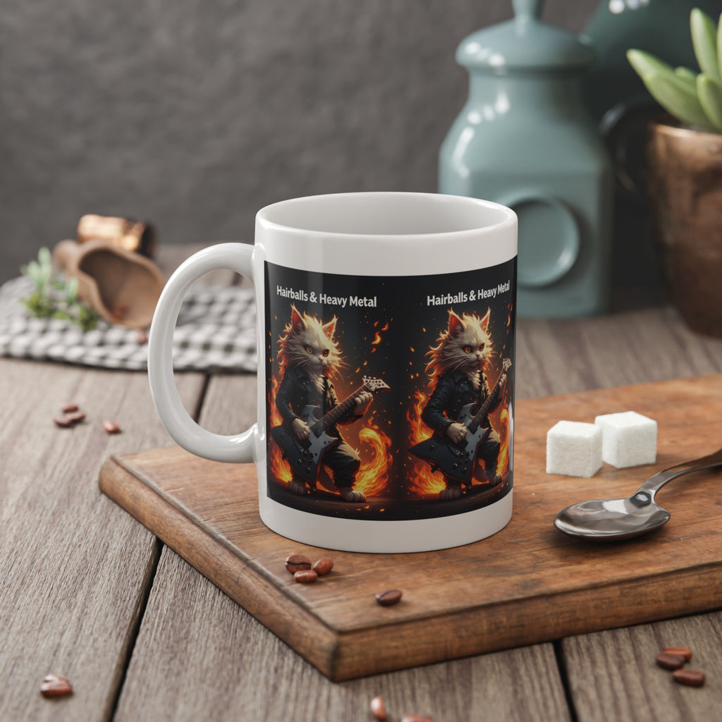 Hairballs & Heavy Metal Mug — Fiery Guitar-Playing Cat Coffee Cup