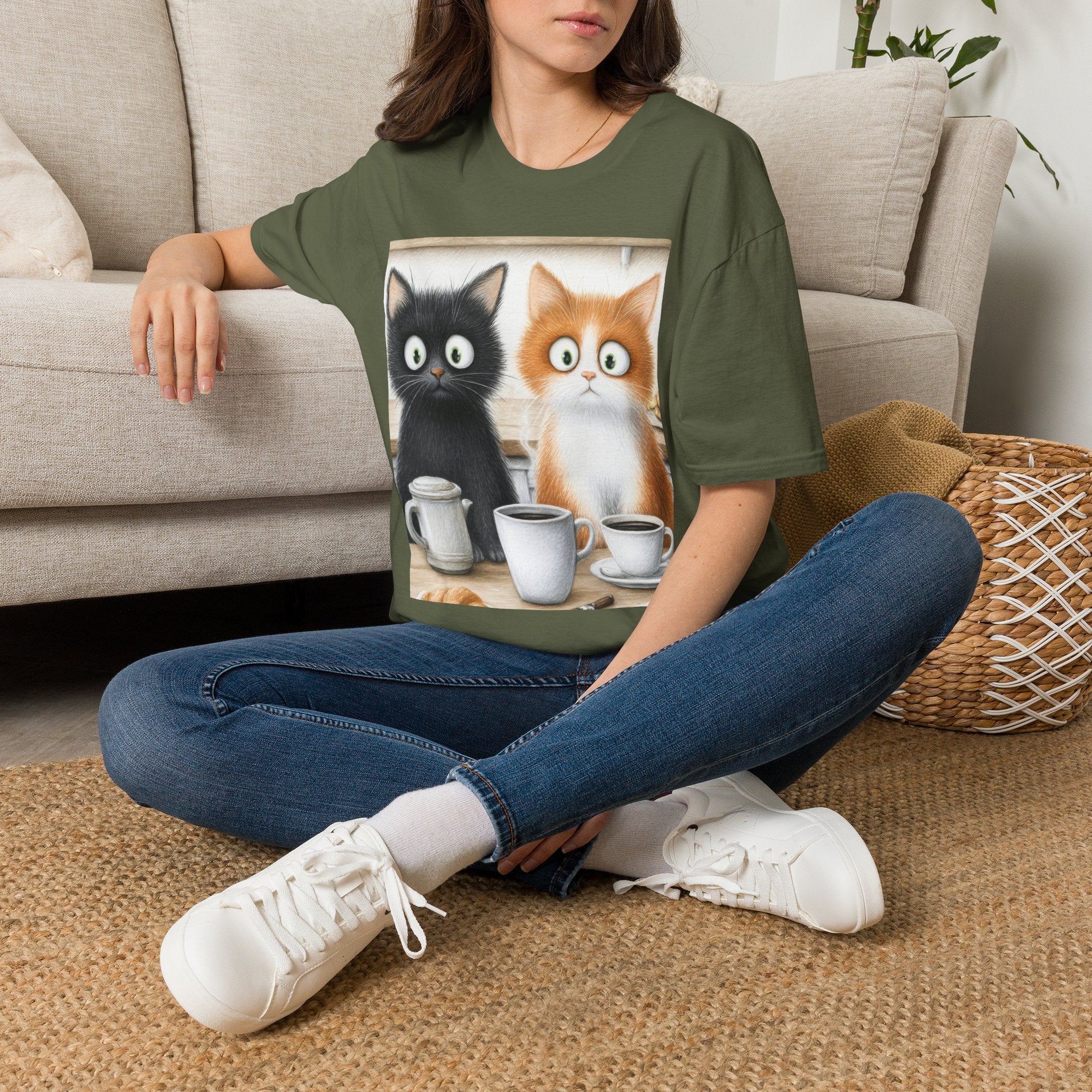Cute Coffee Cats T‑Shirt — Wide‑Eyed Black & Ginger Kittens Graphic Tee
