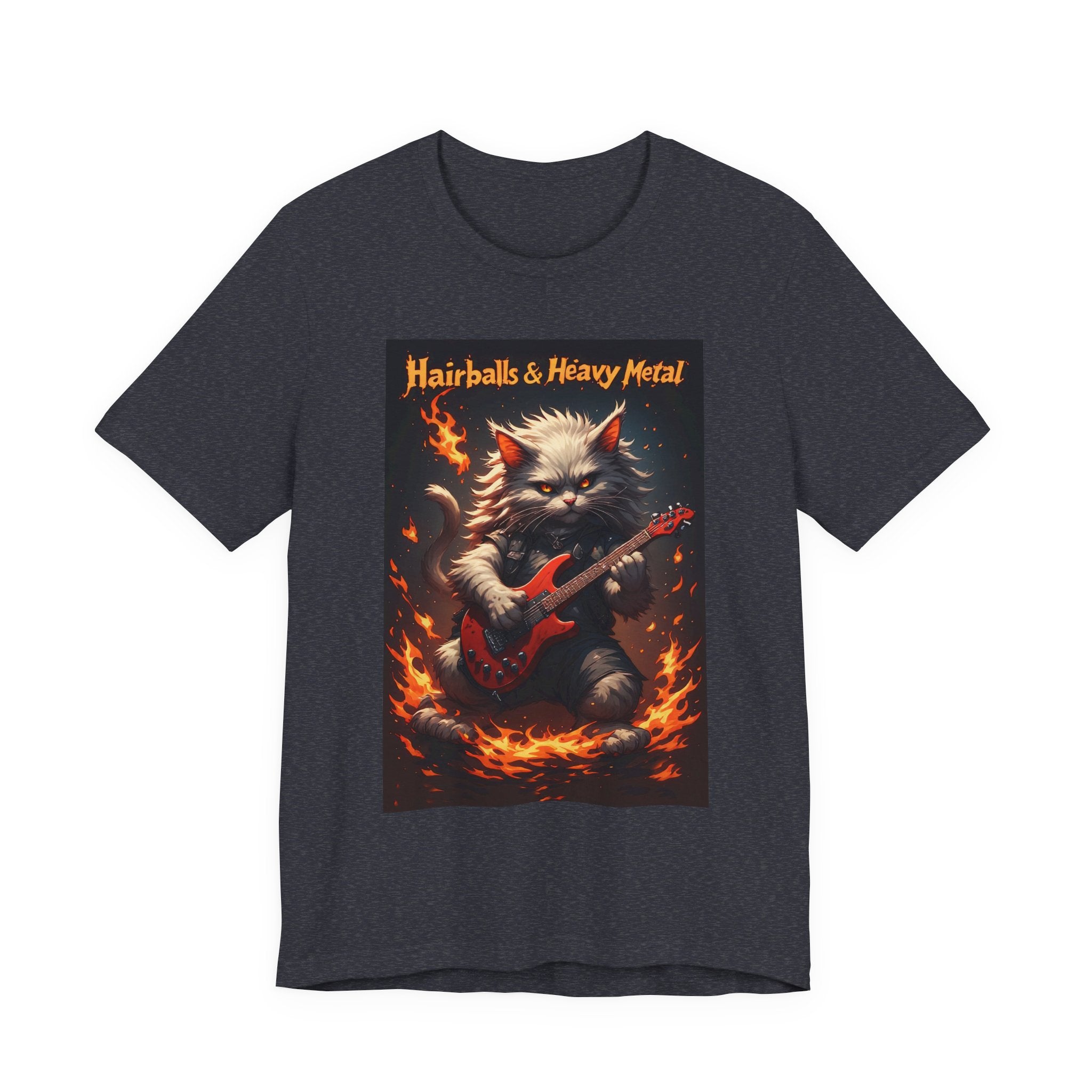 Hairballs & Heavy Metal T‑Shirt — Cat Guitarist Rock Tee