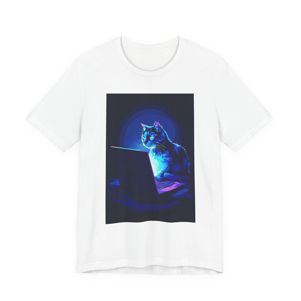 Cat at Laptop T-Shirt — Neon Cyber Cat Graphic Tee