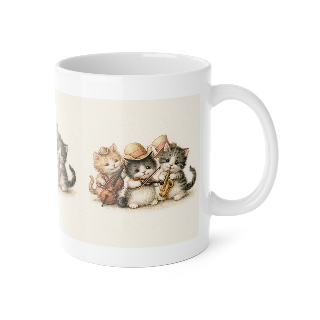 Cute Kitten Band Ceramic Mug — 11oz Coffee Cup with Vintage Cat Musicians