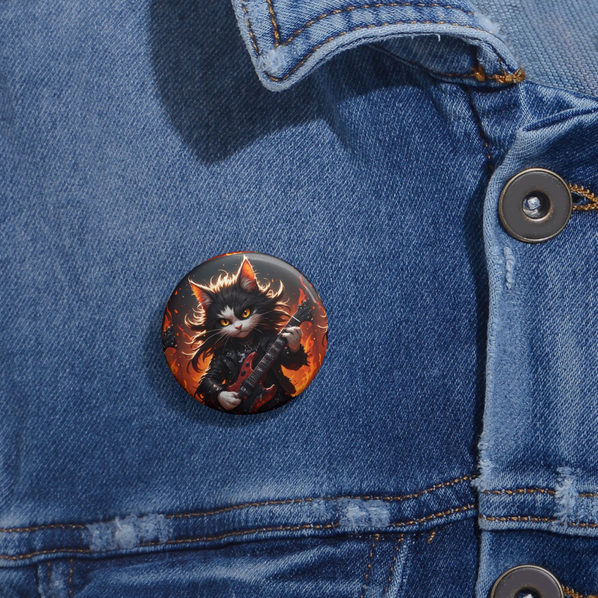 Rock Cat Guitar Button Pin — Cute Heavy Metal Cat Enamel-Style Badge