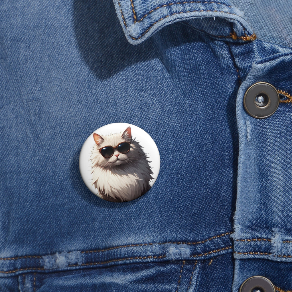 Cat with Sunglasses Pin Button — Cool Fluffy Cat Enamel Style Badge