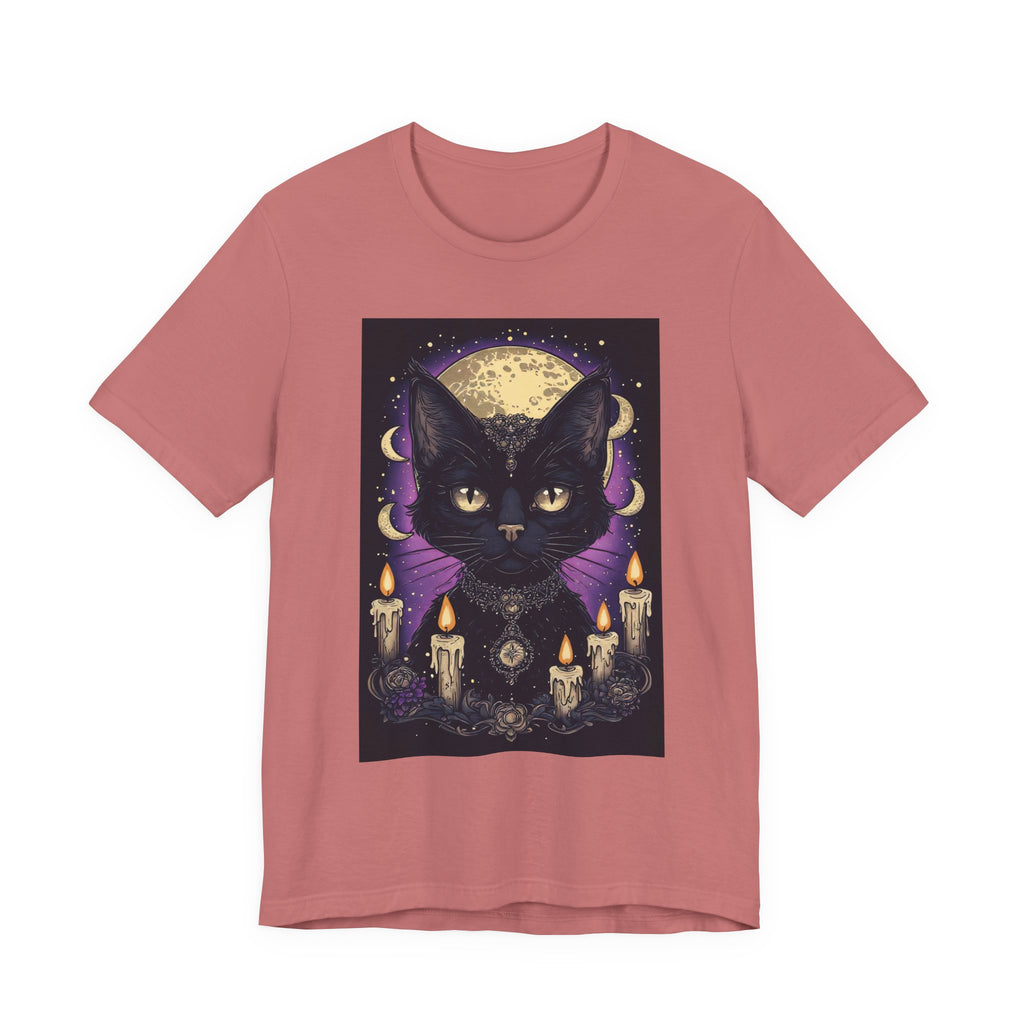 Mystic Black Cat Tee — Moon, Candles & Crescent Phases Graphic T-Shirt