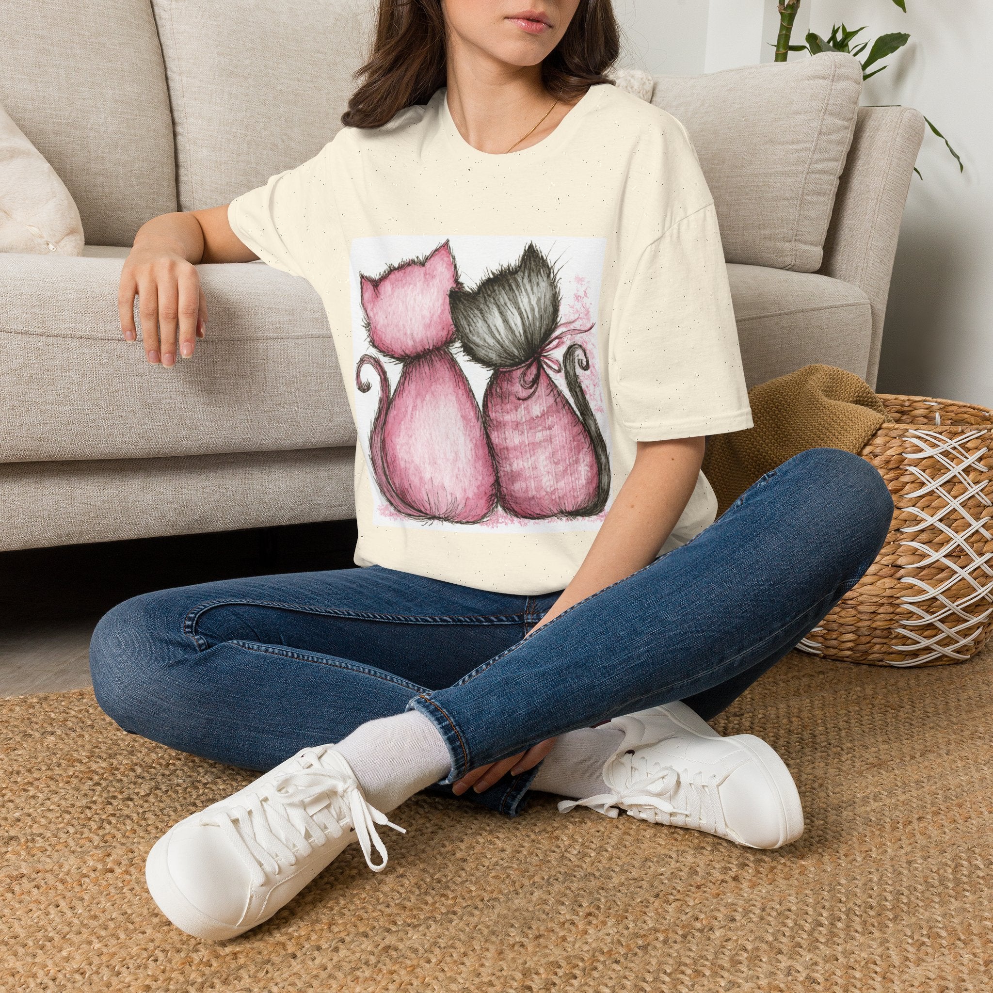 Sweetheart Cats T-Shirt — Pink & Gray Kitty Love Graphic Tee