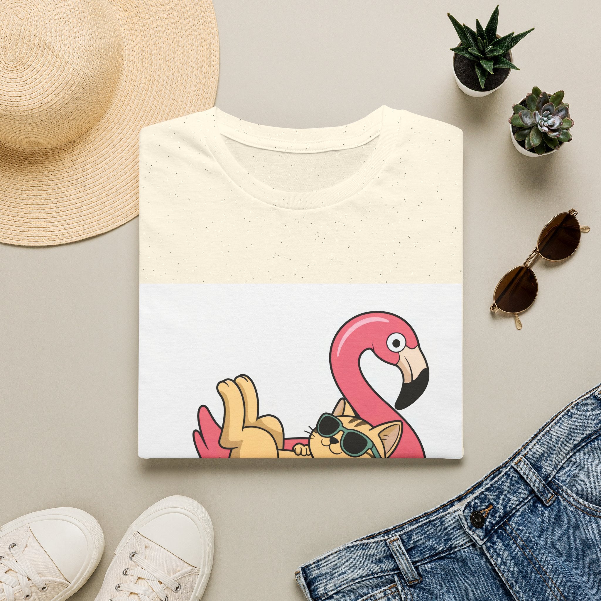 Cat on Flamingo Float T-Shirt — Cute Summer Pool Cat Graphic Tee