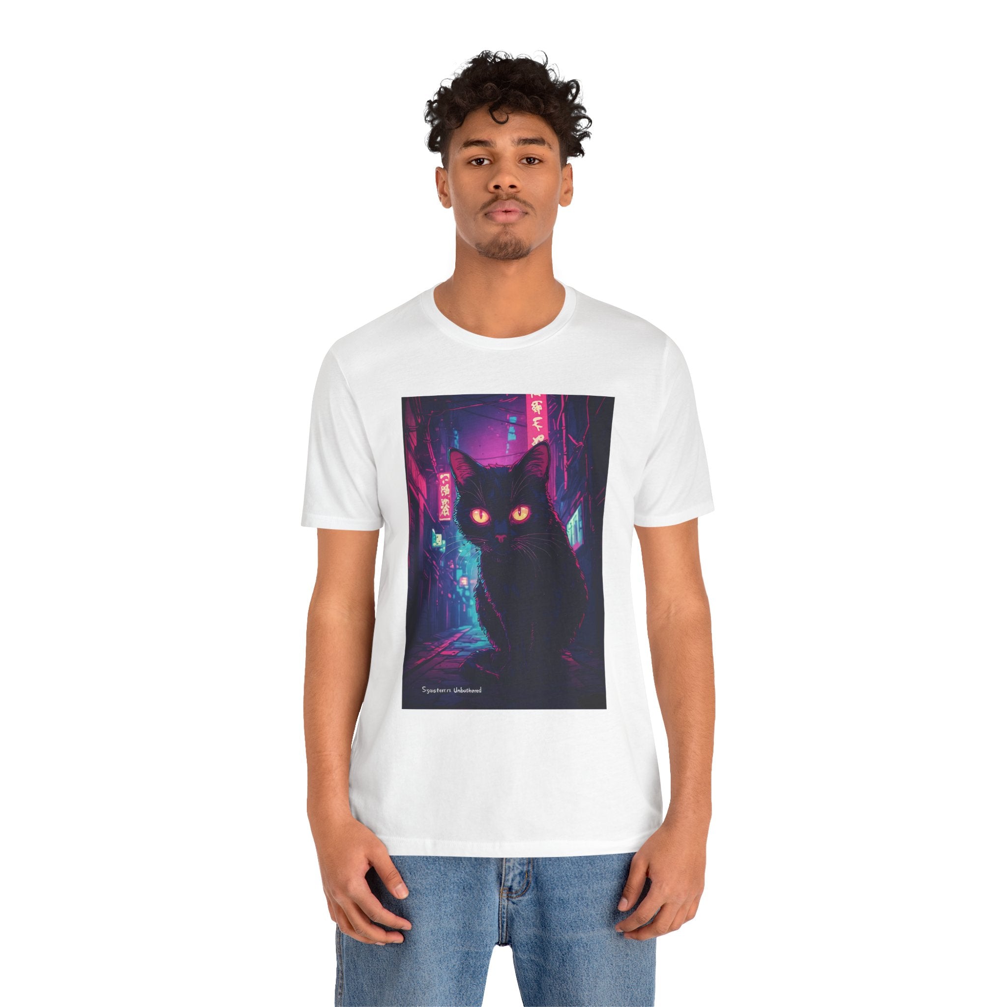 Cyberpunk Cat T‑Shirt — Neon Alley Black Cat Graphic Tee