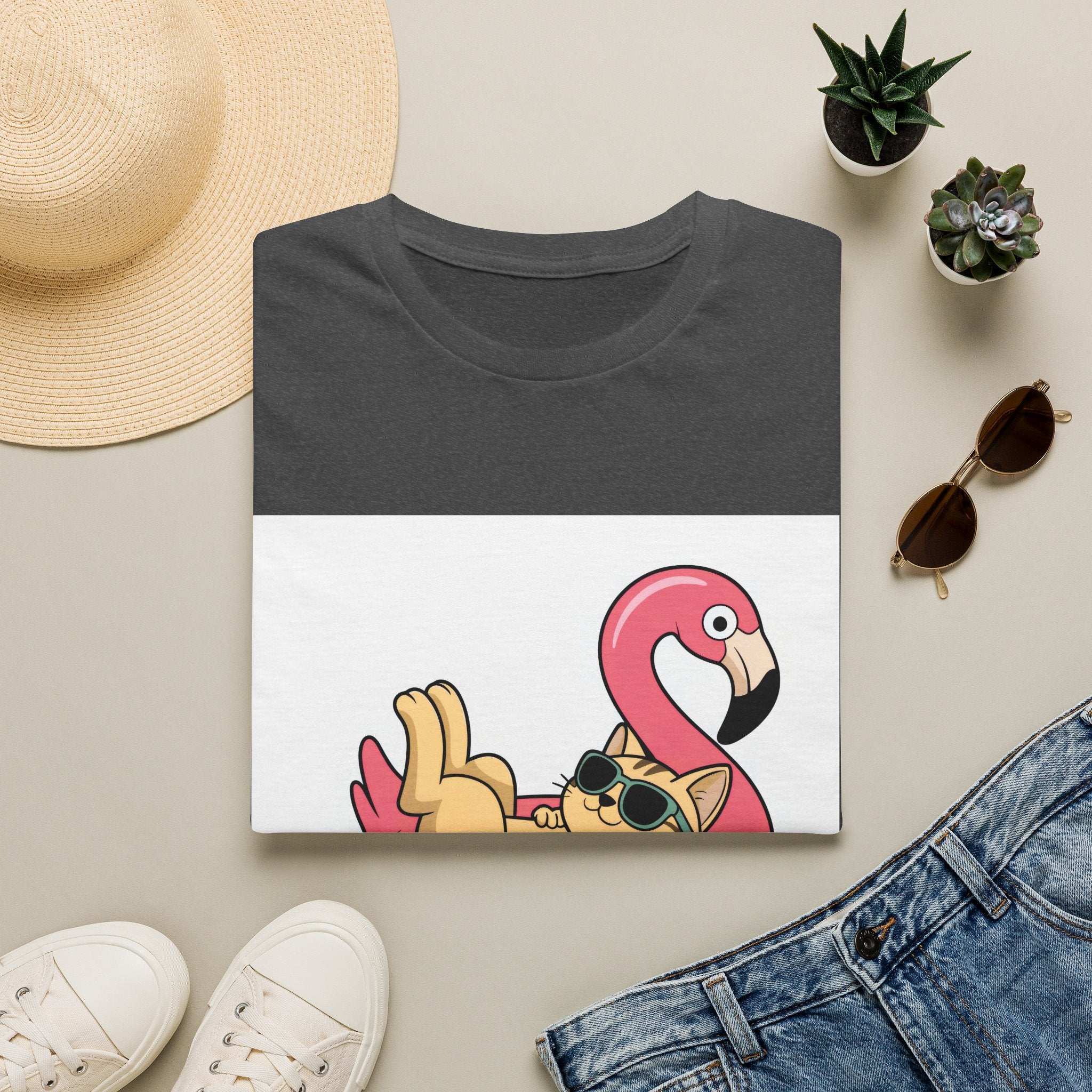 Cat on Flamingo Float T-Shirt — Cute Summer Pool Cat Graphic Tee
