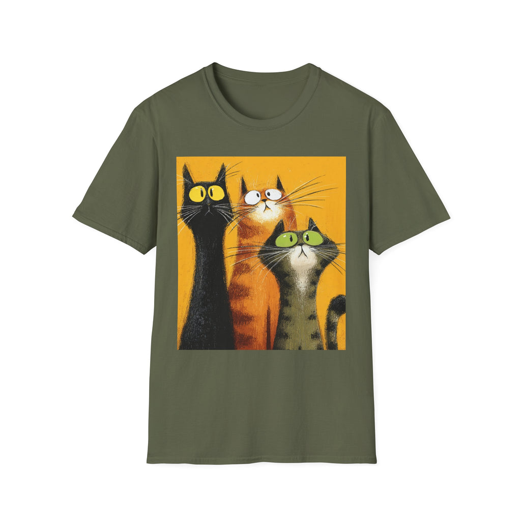 Cat Trio Graphic T-Shirt — Cute Whimsical Cats Art Tee