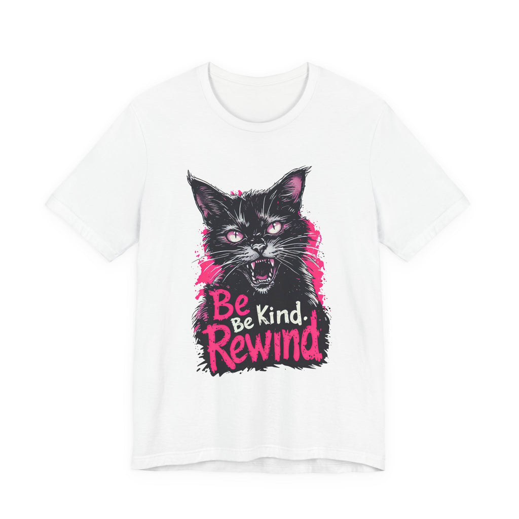 Be Kind Rewind Cat T-Shirt — Retro Neon Graphic Tee