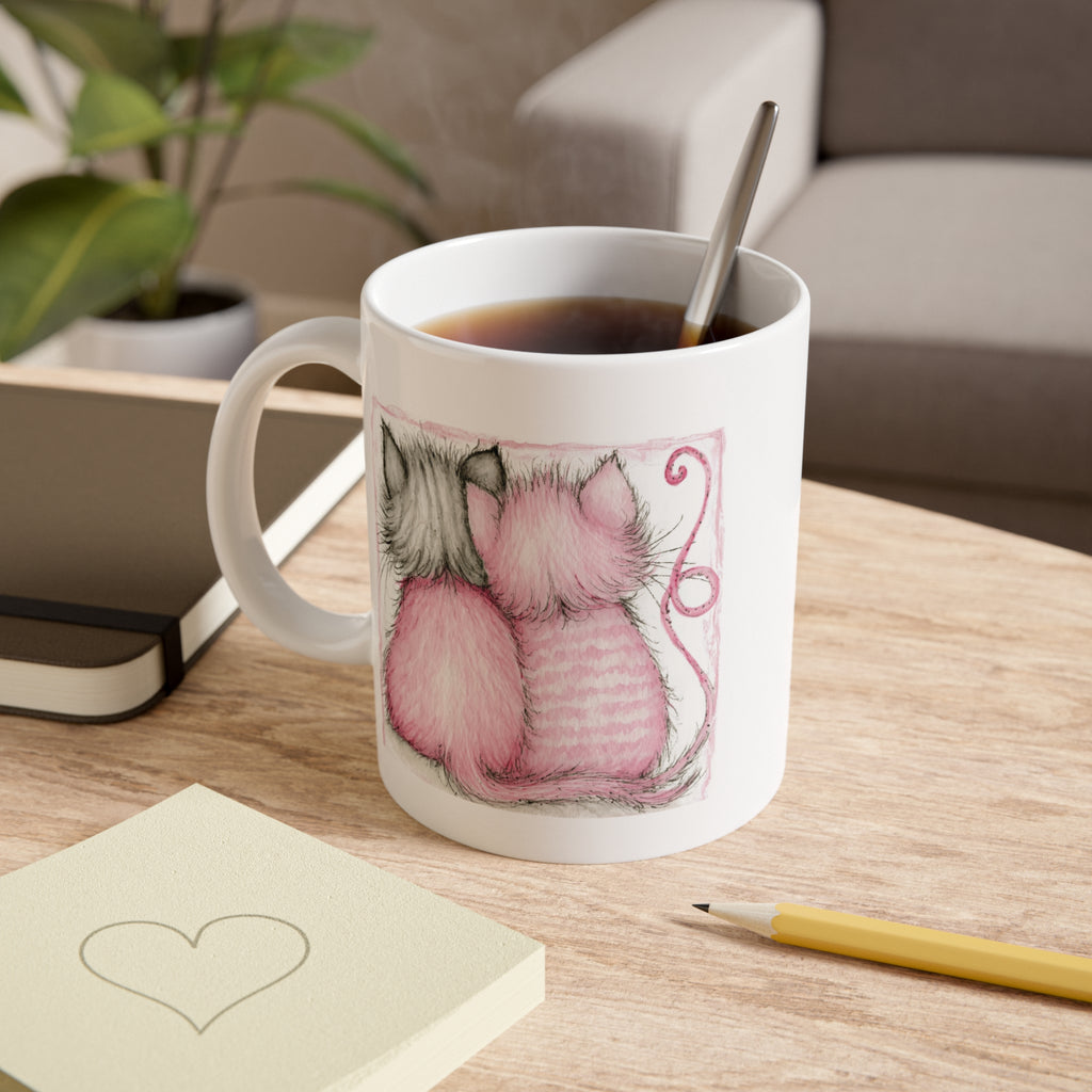 Cat Lovers Mug — Pair of Pink & Gray Kittens Illustration 11oz Ceramic