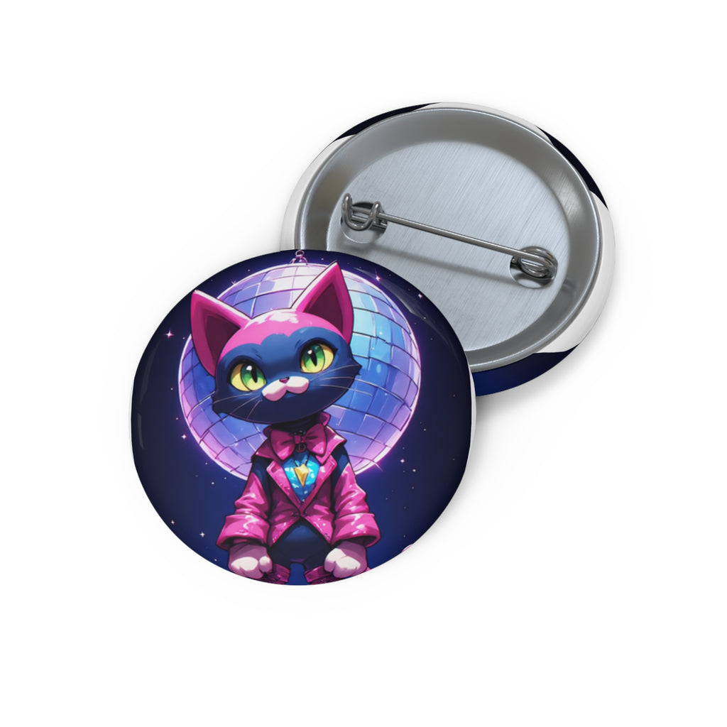 Disco Cat Pin Button — Cute Neon Cat Badge with Mirror Ball