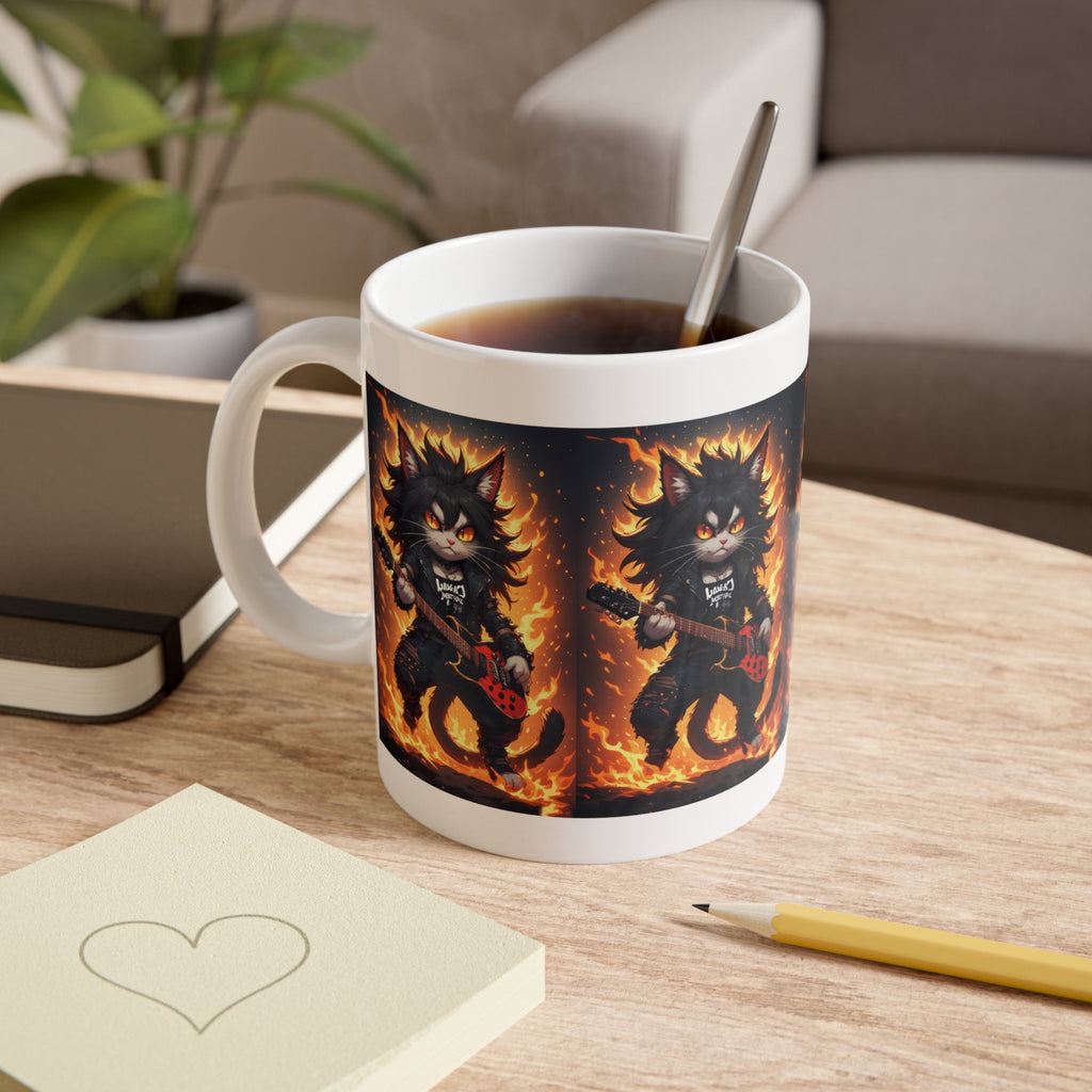 Rock Cat Flame Guitar Mug — Heavy Metal Black Kitty Coffee Cup