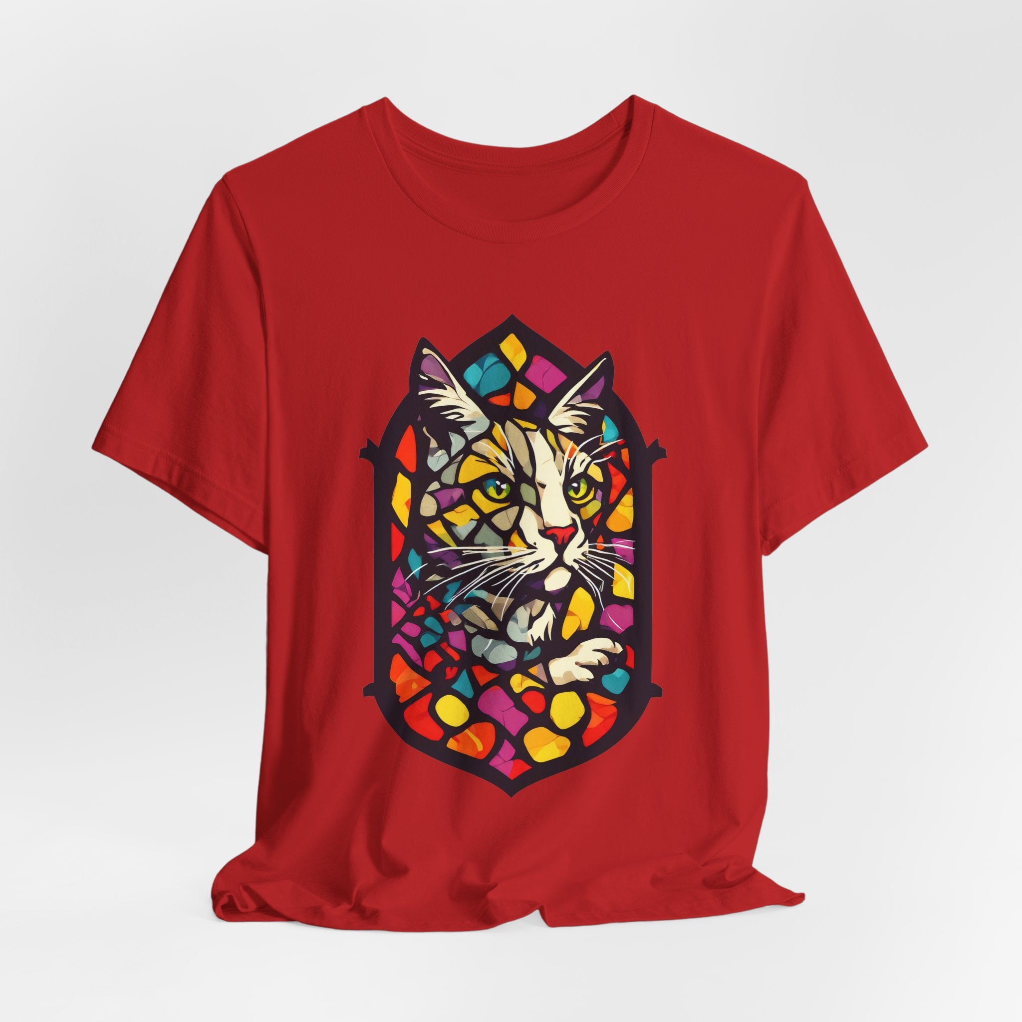 Stained Glass Cat T-Shirt — Colorful Cathedral Cat Tee