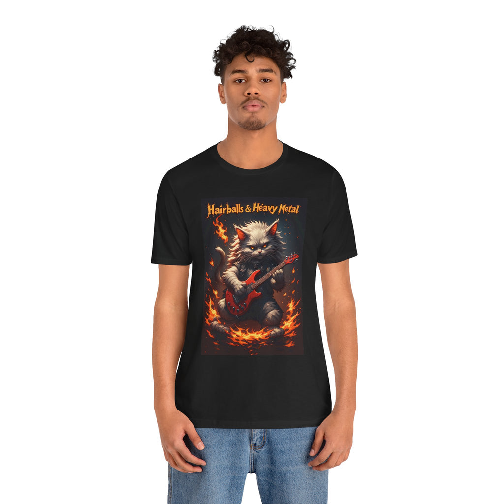 Hairballs & Heavy Metal T‑Shirt — Cat Guitarist Rock Tee