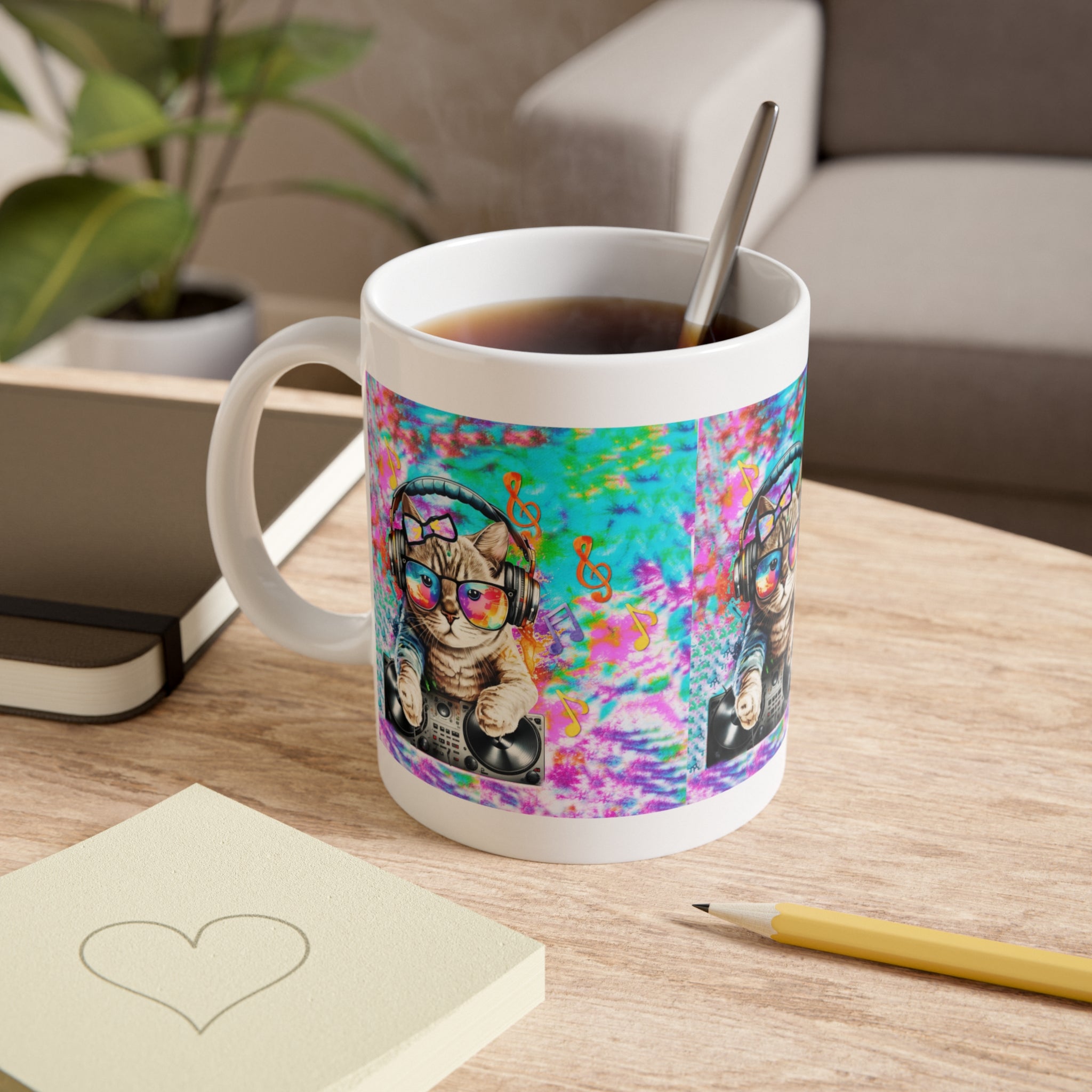 DJ Cat Ceramic Mug — Colorful Retro Cat with Headphones & Turntable, 11oz Coffee Cup